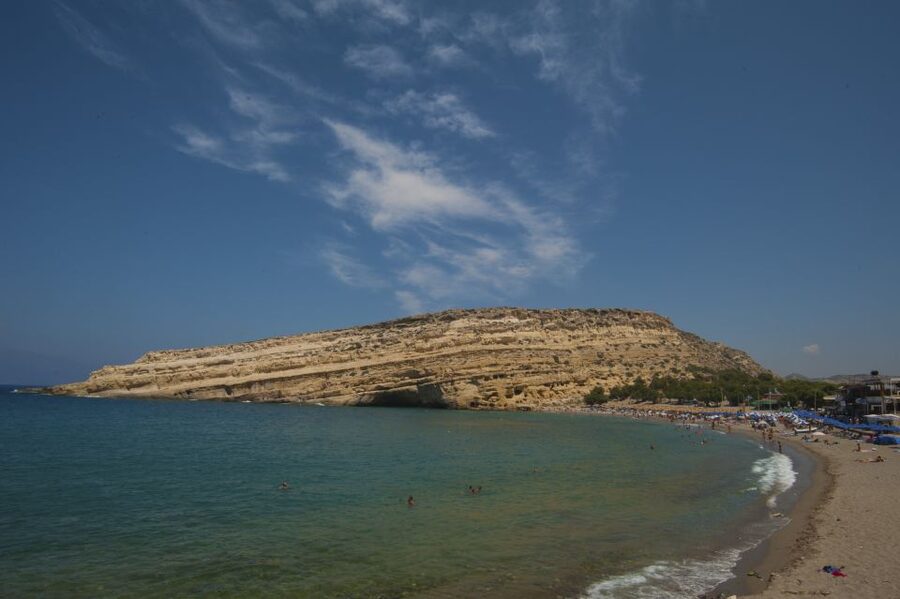Crete: Matala Beach and Hippie caves, Red beach - Matala village, murals, shops, and tavernas
