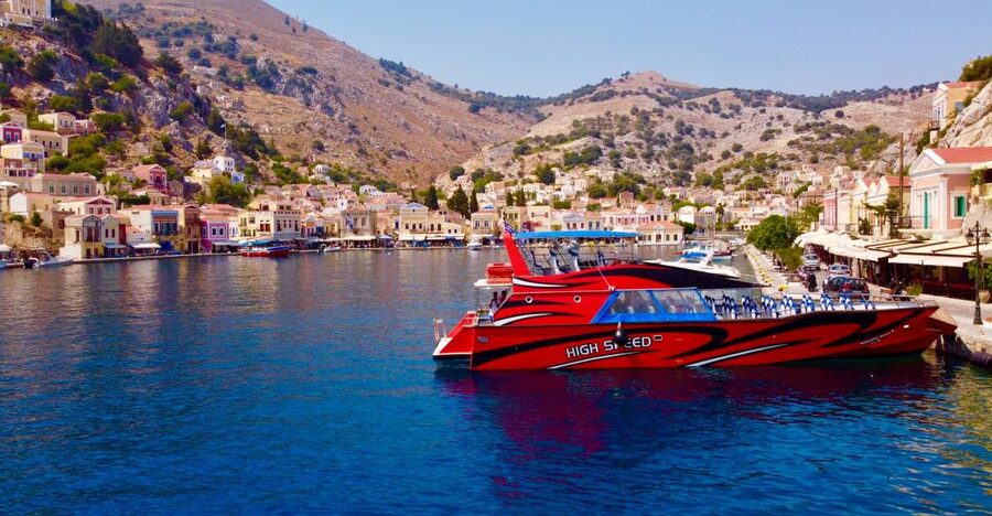 Kiotari, Lardos, Pefkos, & Lindos: Speedboat to Symi Island - Arriving at Symi’s pastel harbor