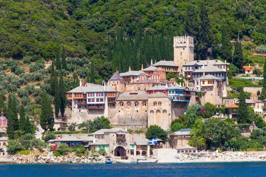 Ouranoupoli: Mount Athos Cruise with Ammouliani Island Visit - Saint Pavlou beneath the 2,033-meter mountain