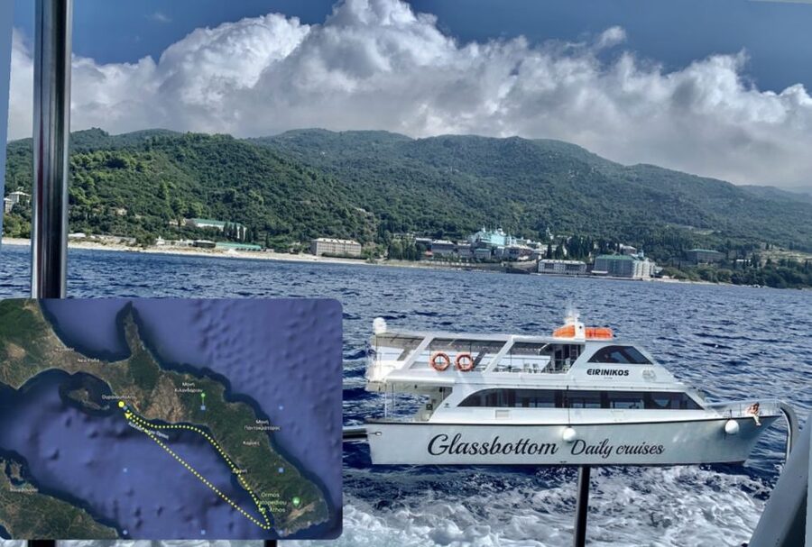 Ouranoupoli: Mount Athos Sightseeing Glass-Bottom Boat Tour - The three-hour route aboard the Eirinikos