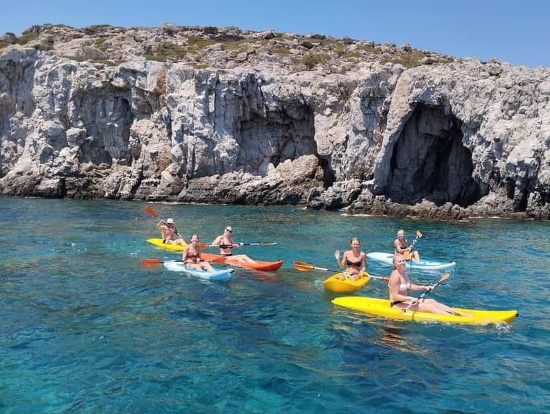 Rhodes: Gulet Trip with Food, Drinks, SUP, Kayak & Swimming - Fun Island at Ladiko Bay: the main event