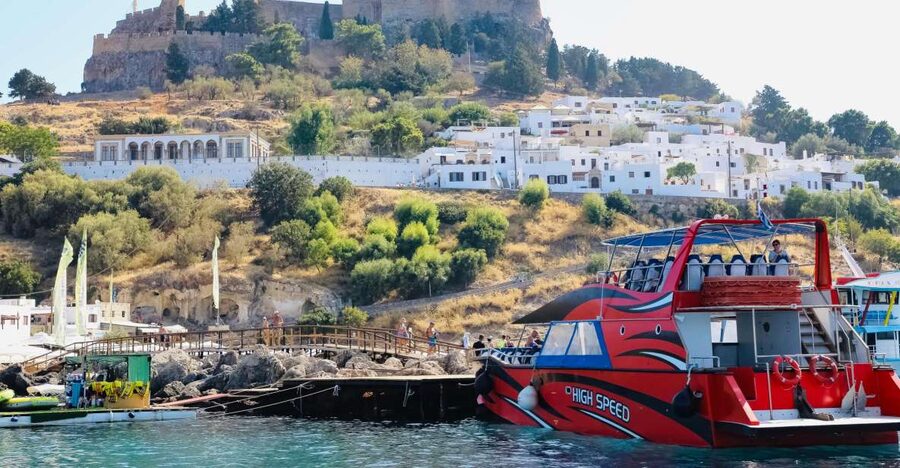 Rhodes: High Speed Boat Trip to Lindos - Reaching the Acropolis above Lindos
