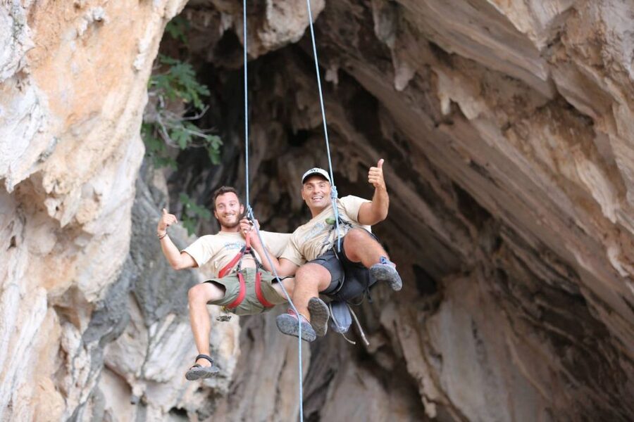 Rhodes: Ladiko Bay Rock Climbing and Rappelling Experience - The cave descent and the views below