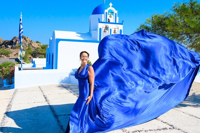 Santorini 2h Private Flying Dress Photoshoot with Transportation - Dresses, assistants, and the art of making fabric fly