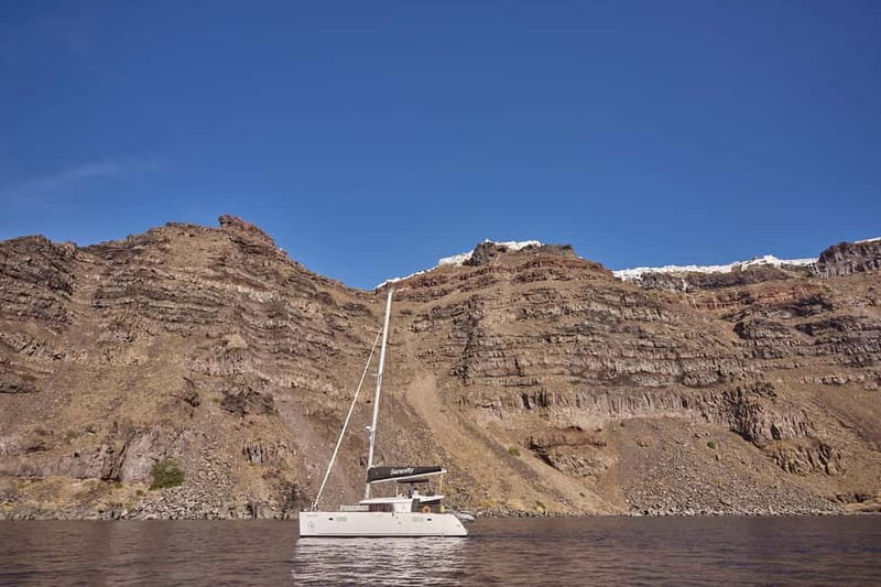 Santorini: Caldera Classic Catamaran Cruise w/ Meal & Drinks - Nea Kameni, black lava, and sulfur water