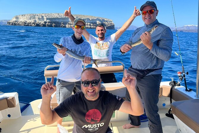 Santorini Fishing Private Cruise boat tour - BBQ, Snorkeling - Who will enjoy this most