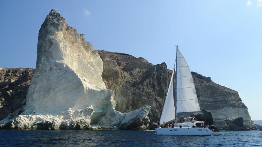 Santorini: Private Catamaran Tour with BBQ Meal and Drinks - A final swim, then Thirasia and Manolas