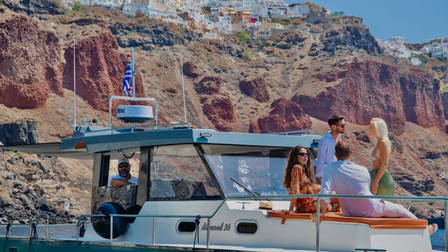 Santorini: Private Diamond 36 Motor Yacht Caldera Cruise - White Beach, Mesa Pigadia, and Red Beach