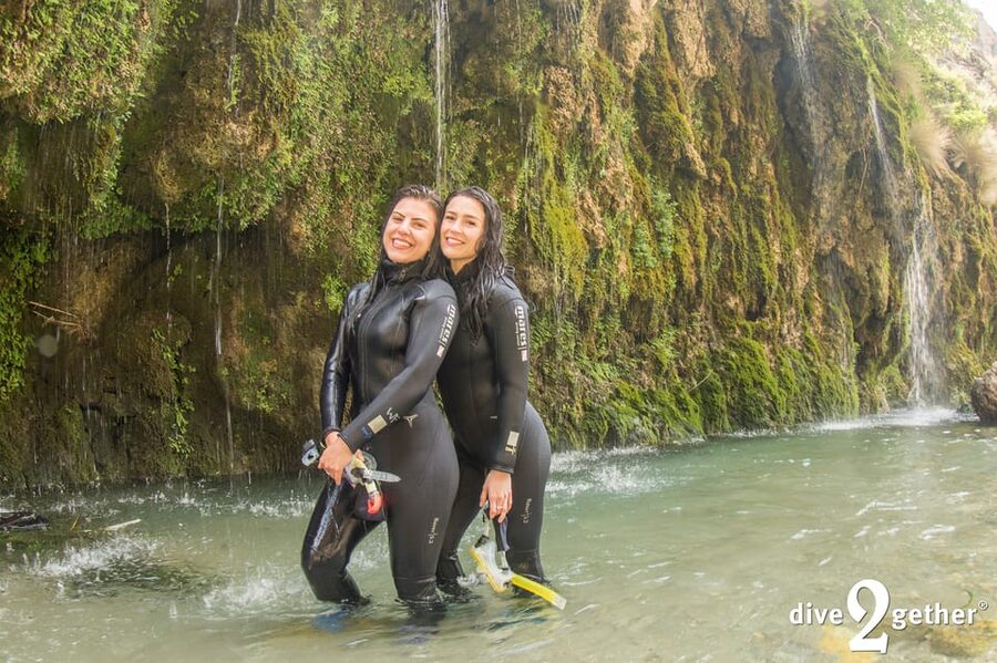 Snorkel trip to the Kourtaliotiko Waterfalls Plakias - Wading into the spring water